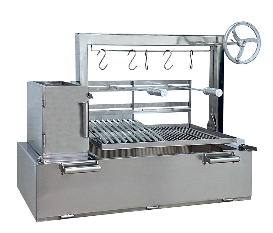 CHURRASQUEIRA PARRILLA INOX 100CM COM GRELHA DE ELEVAÇÃO POR VOLANTE  E SUPORTE PARA ESPETOS INOX 304 COM PORTINHA - Cópia (1)