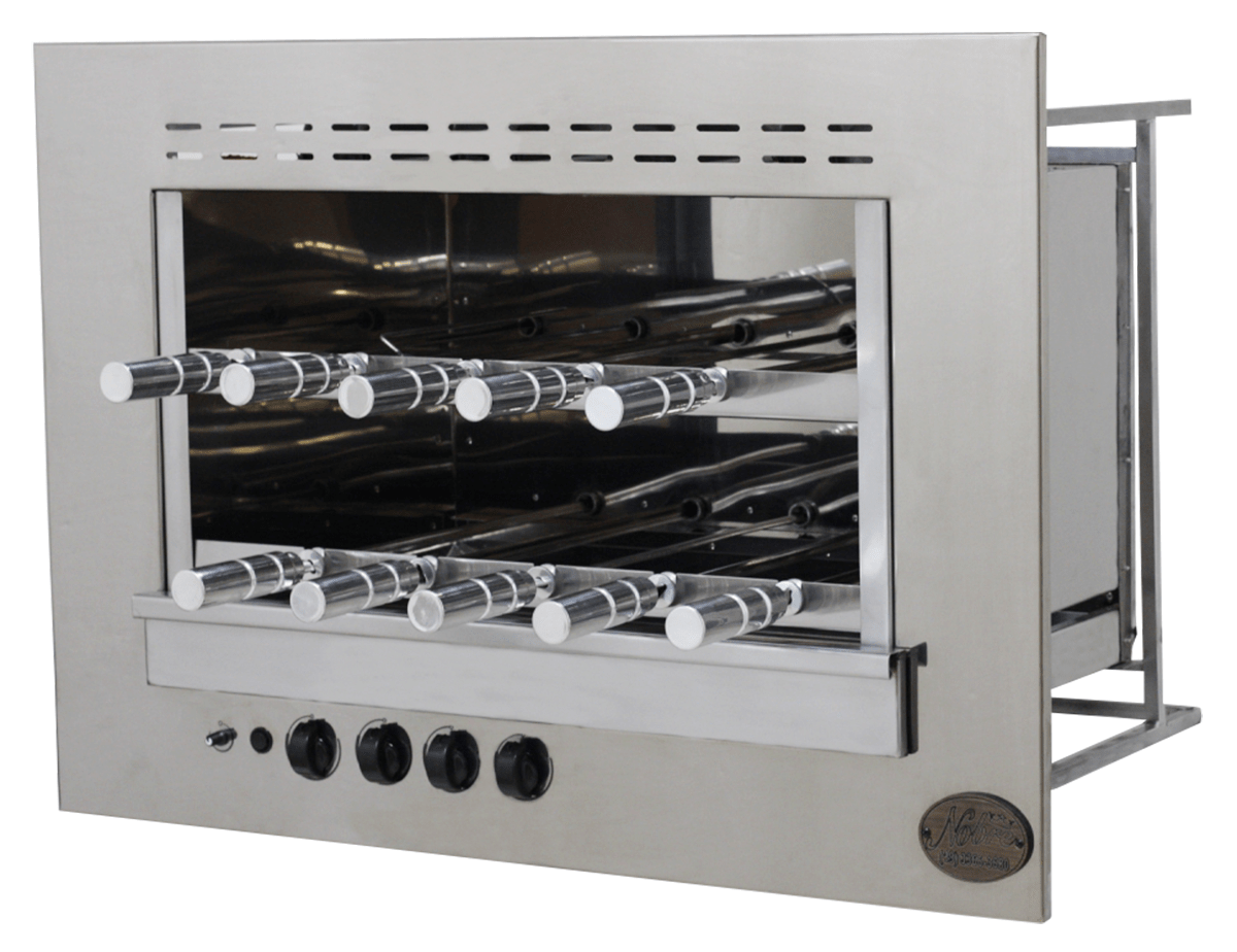 CHURRASQUEIRA GÁS DE EMBUTIR 10 ESPETOS INOX 304 COM GRELHA E CESTO DE MIUDOS