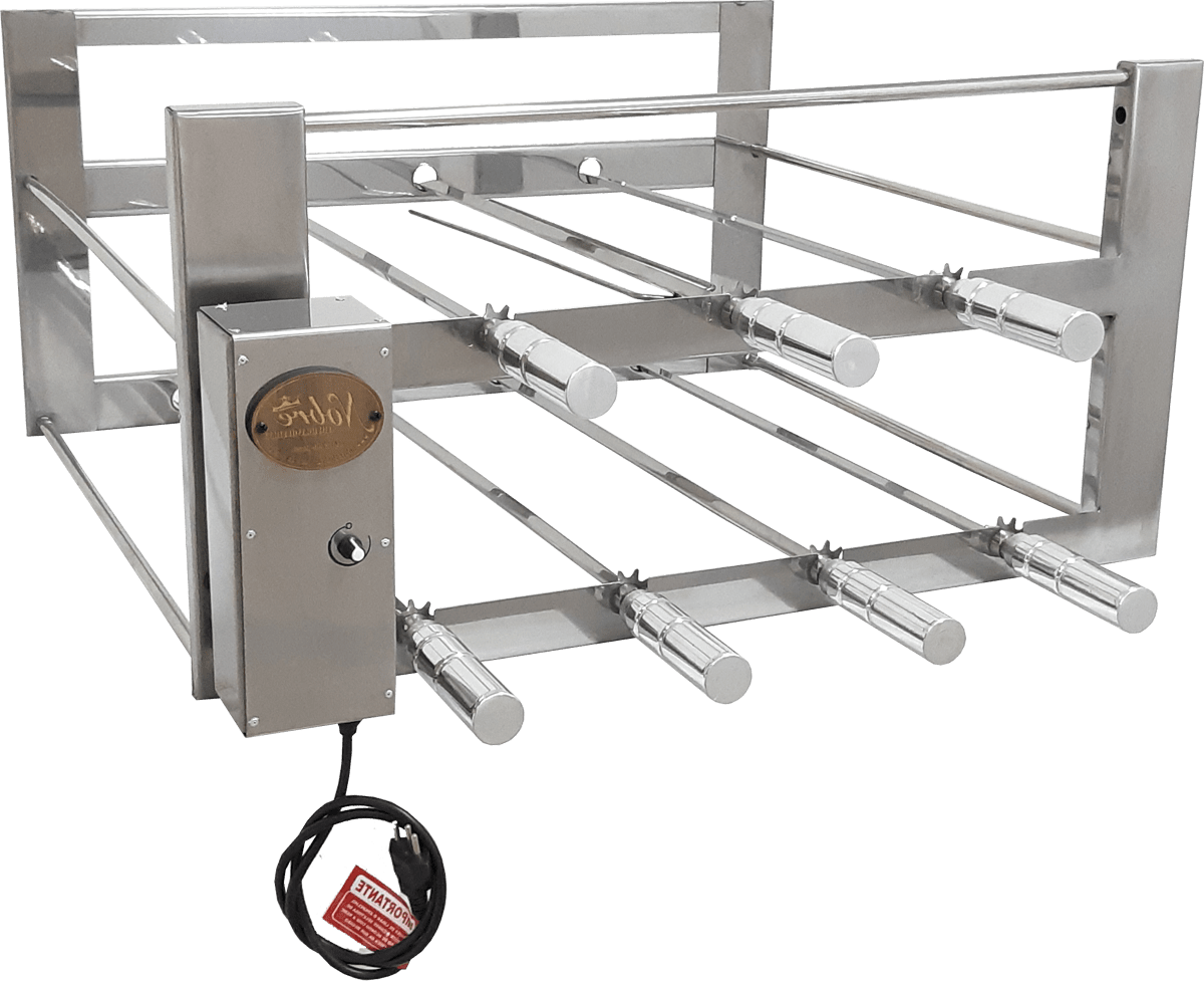 CHURRASQUEIRA GIRATÓRIA 7 ESPETOS INOX COM APOIO EXTRA E CORRENTE DE INOX
