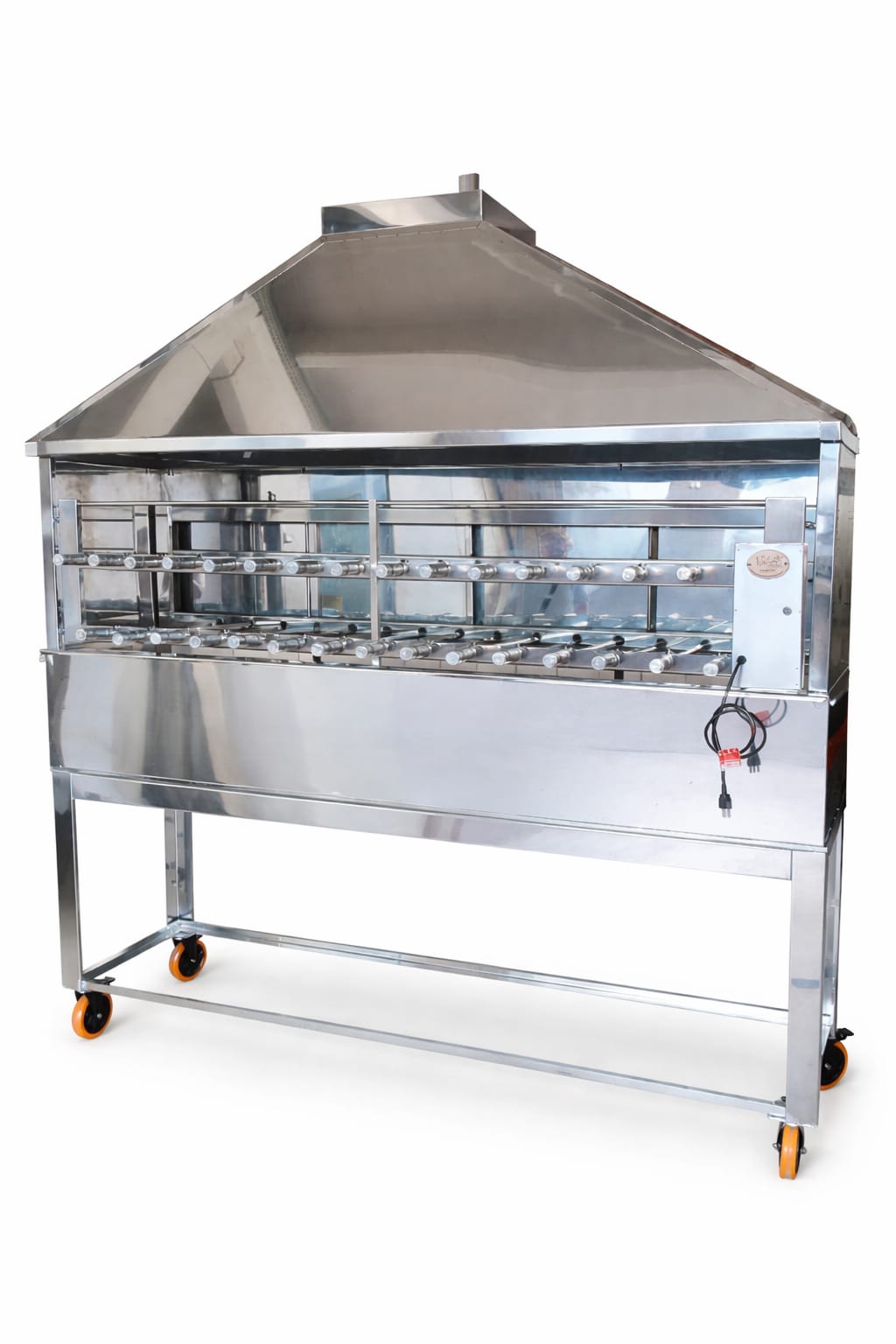 CHURRASQUEIRA DE COIFA COM SISTEMA GIRATÓRIO DE 30 ESPETOS COM CAVALETE