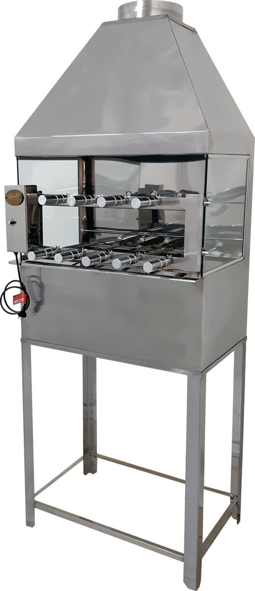 Churrasqueira inox com coifa e sistema rotativo 9 espetos e gabinete (armario) inox 430