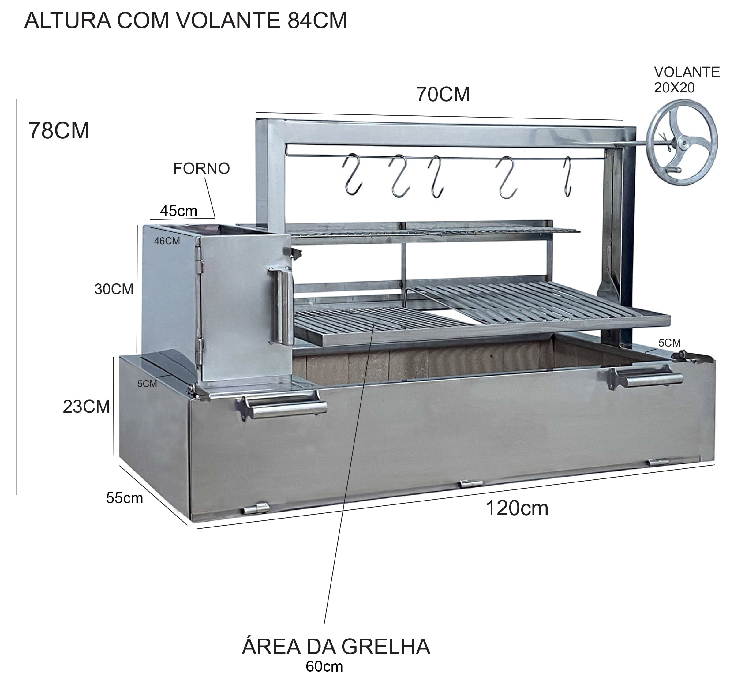 CHURRASQUEIRA PARRILLA INOX 120CM COM GRELHA DE ELEVAÇÃO POR VOLANTE E SUPORTE PARA ESPETOS INOX 304 COM PORTINHA