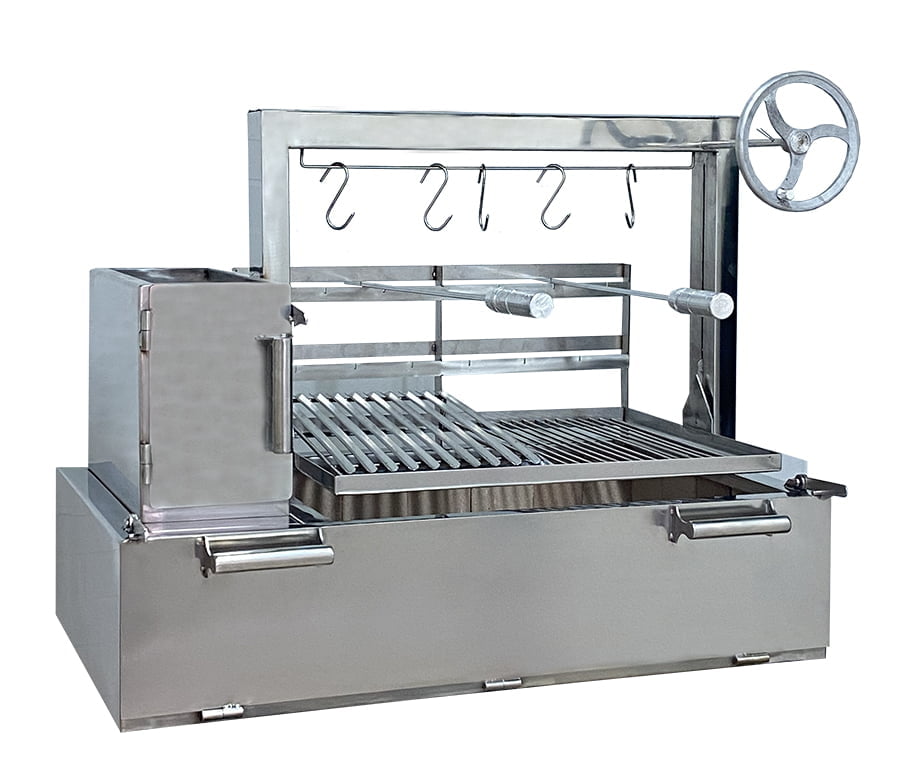 CHURRASQUEIRA PARRILLA INOX 120CM COM GRELHA DE ELEVAÇÃO POR VOLANTE E SUPORTE PARA ESPETOS INOX 304