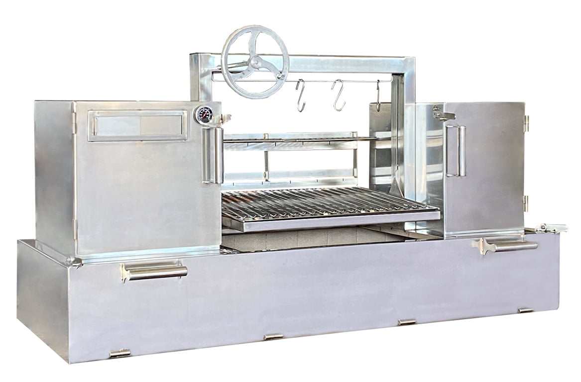 CHURRASQUEIRA PARRILLA INOX 150CM COM GRELHA DE ELEVAÇÃO POR VOLANTE COM FORNO E SUPORTE PARA ESPETOS INOX 304