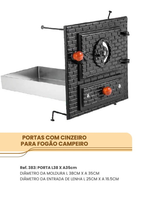 Conjunto de porta 38x35 para fogão campeiro cinzeiro de 72cm 