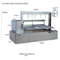 CHURRASQUEIRA PARRILLA INOX 120CM COM GRELHA DE ELEVAÇÃO POR VOLANTE E SUPORTE PARA ESPETOS INOX 304 COM PORTINHA