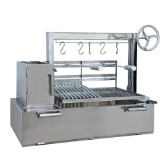 CHURRASQUEIRA PARRILLA INOX 120CM COM GRELHA DE ELEVAÇÃO POR VOLANTE E SUPORTE PARA ESPETOS INOX 304