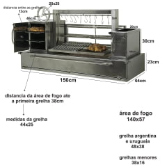 CHURRASQUEIRA PARRILLA INOX 150CM COM GRELHA DE ELEVAÇÃO POR VOLANTE COM FORNO E SUPORTE PARA ESPETOS INOX 304