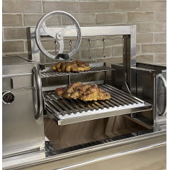 CHURRASQUEIRA PARRILLA INOX 304 150CM COM GRELHA DE ELEVAÇÃO POR VOLANTE COM FORNO E SUPORTE PARA ESPETOS E MODIFICAÇÕES 