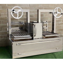 CHURRASQUEIRA PARRILLA INOX 304 COM 2 GRELHA DE ELEVACAO, FIREBOX NO MEIO, COM PORTINHA FRONTAL 120cm 