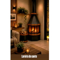 Lareira de canto acabamento em madeira queimada